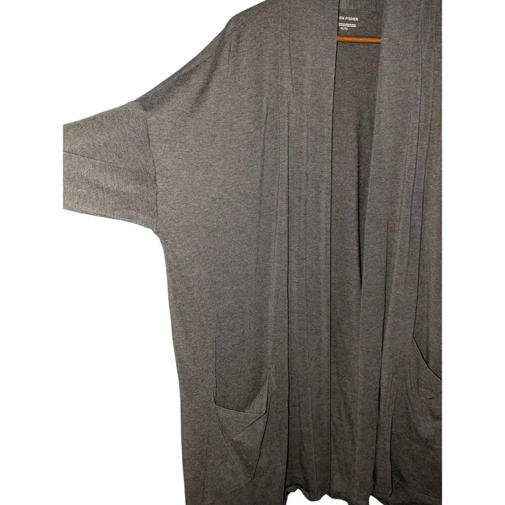 Eileen Fisher Womens Charcoal Gray Open Front Cardigan Pockets XL Relaxed Fit Li - Picture 4 of 11